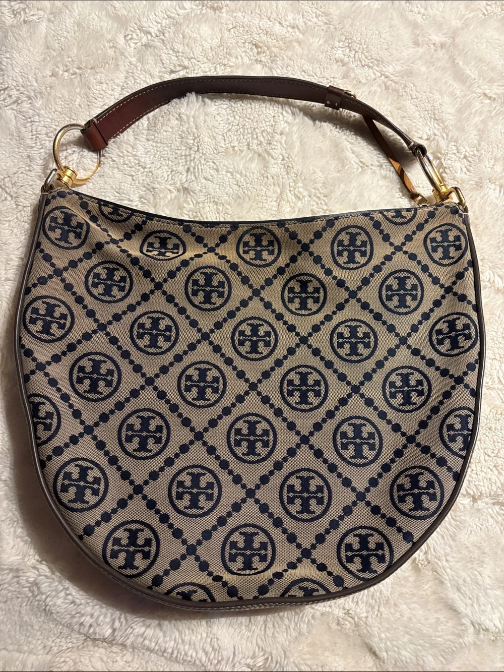 Tory Burch Beige and Black Logo Shoulder Hobo